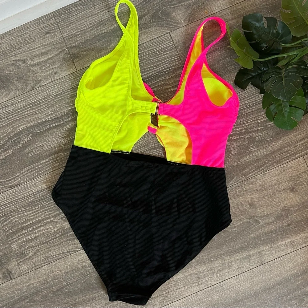 No boundaries Highlighter Neon Yellow Pink Black Tie Front One Piece Swimsuit L